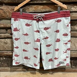 Salty Crew Utility Board Shorts Light Blue and Red Fish Print